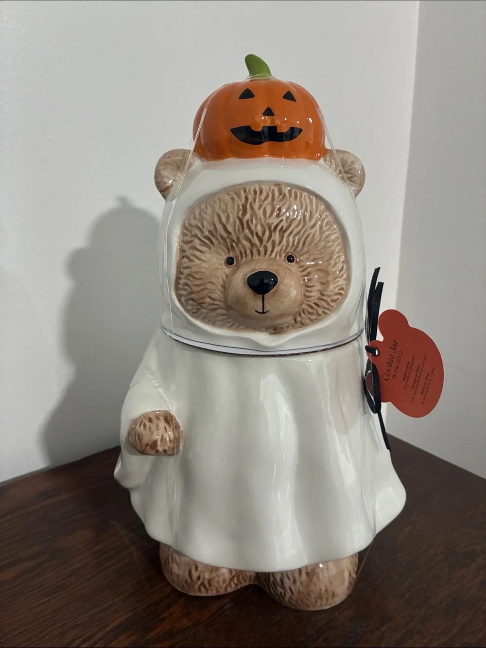 NWT- Halloween Ghost Bear Ceramic Cookie Jar- w/ Jack-o-lantern Pumpkin Handle